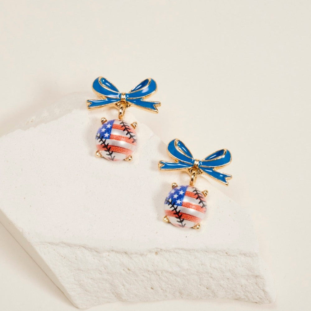 Red, White & Baseball Bow Earrings